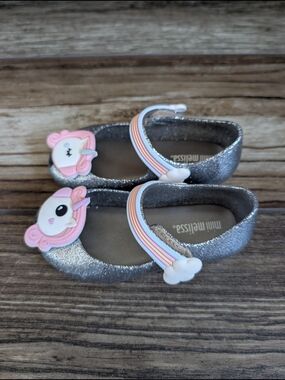 Mini Melissa Silver Glitter Unicorn Strap Kids Shoes